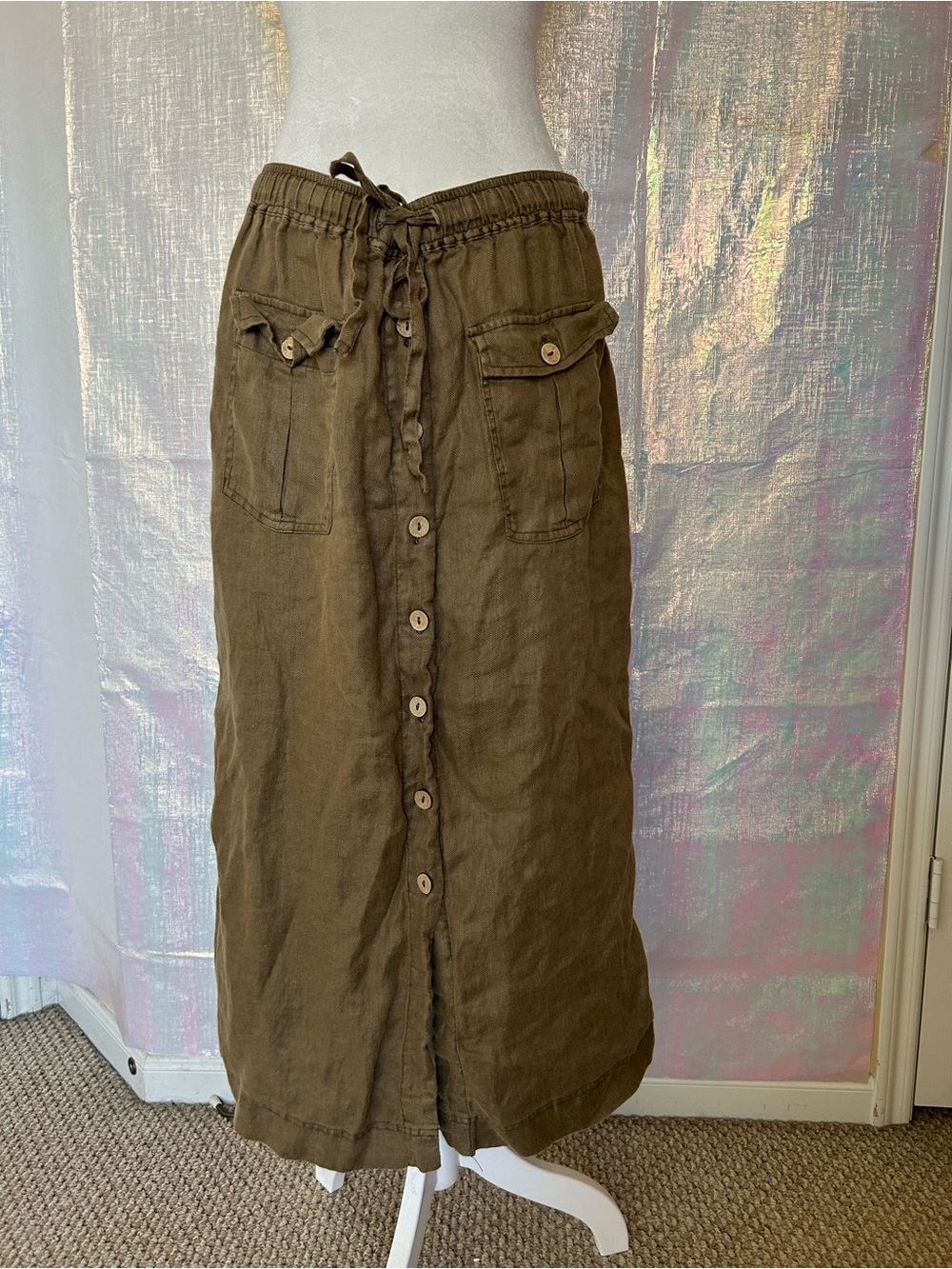 Dark Khaki Button-Front 100% Linen Maxi Skirt. Size XL.